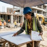 Seorang kontraktor mandiri sedang memeriksa cetak biru proyek sambil memegang dokumen perizinan resmi di lokasi pembangunan