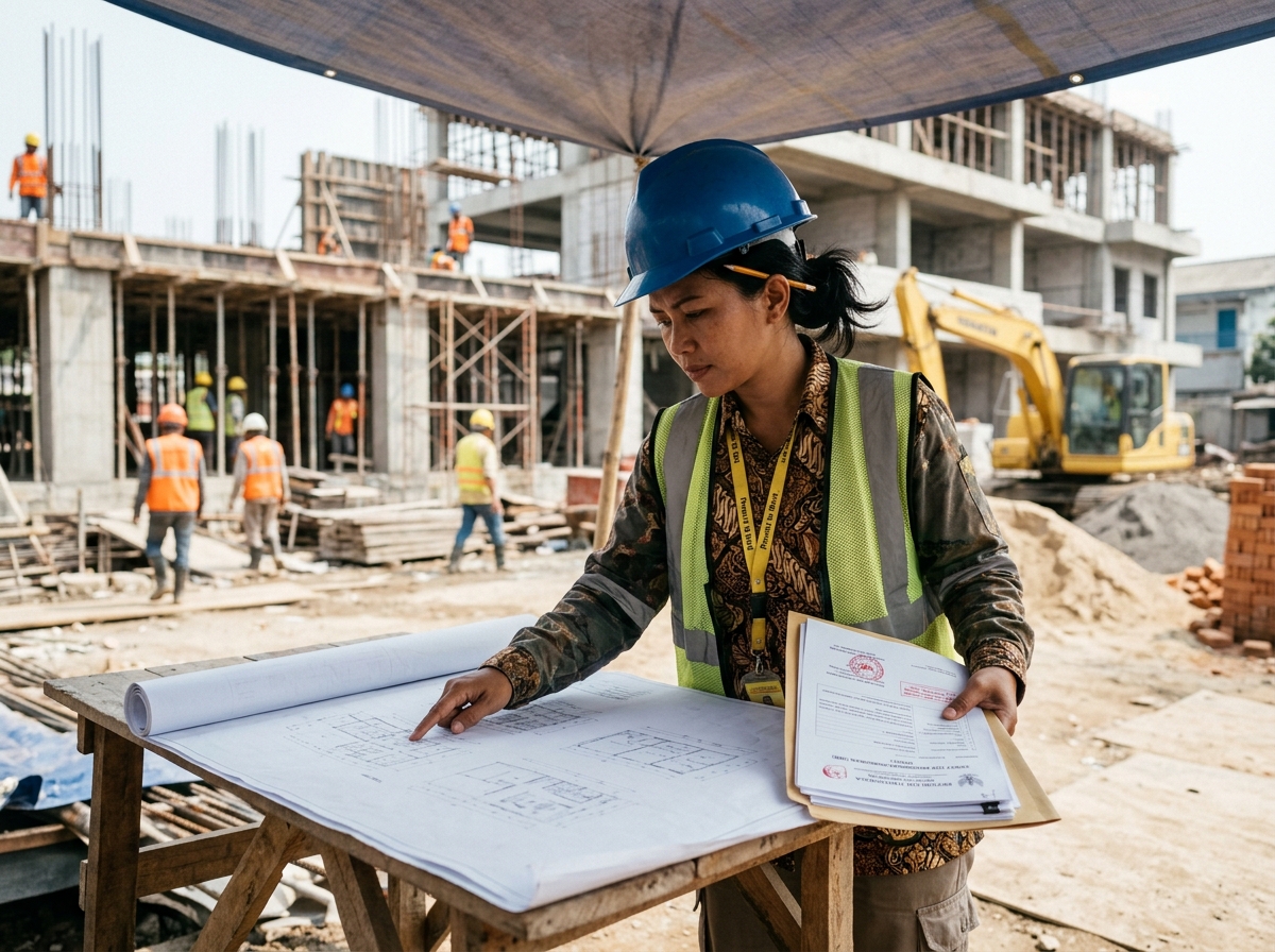 Seorang kontraktor mandiri sedang memeriksa cetak biru proyek sambil memegang dokumen perizinan resmi di lokasi pembangunan
