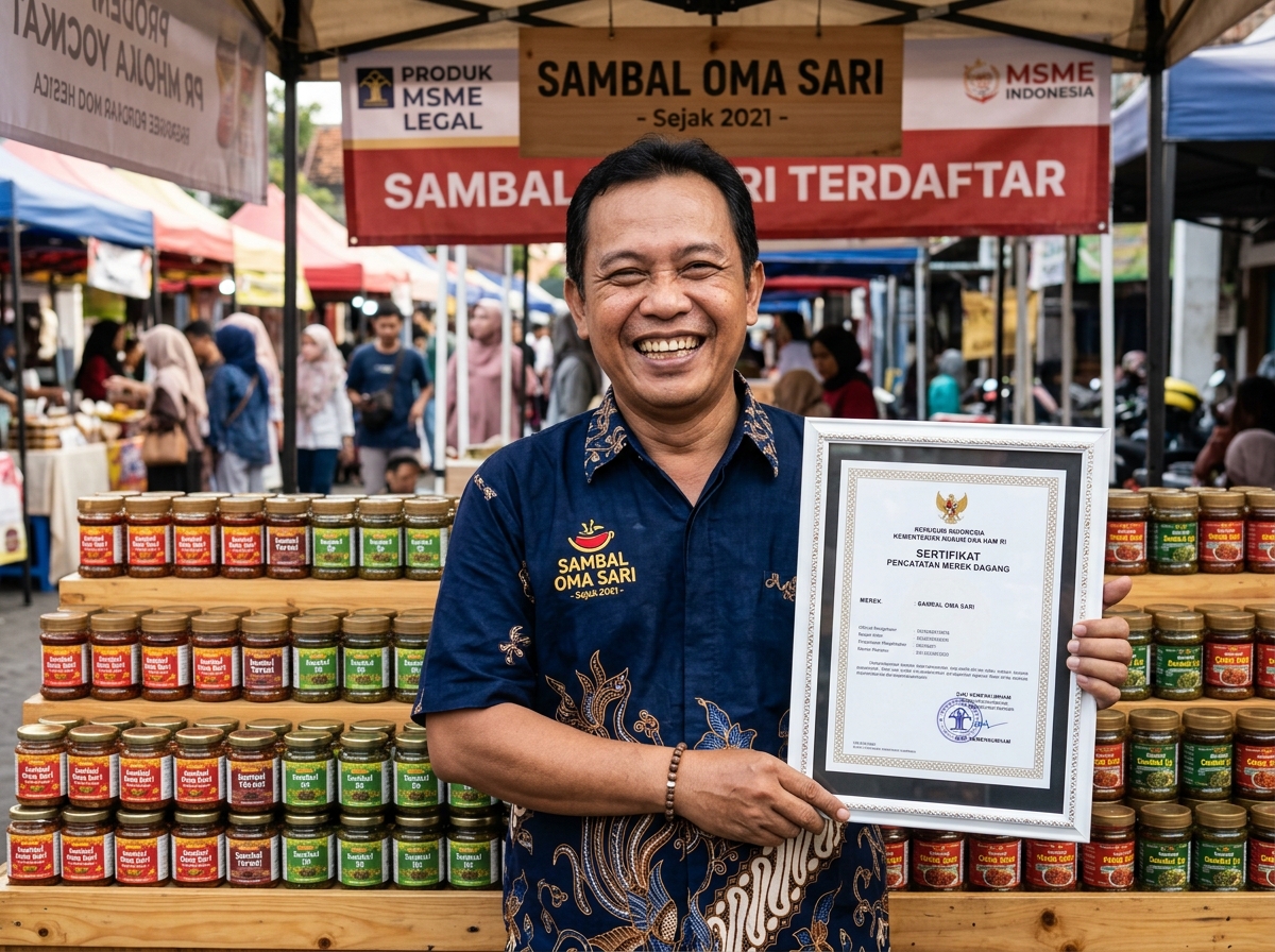 Seorang pelaku UMKM tersenyum puas sambil memegang sertifikat legalitas merek dagang di depan produk jualannya